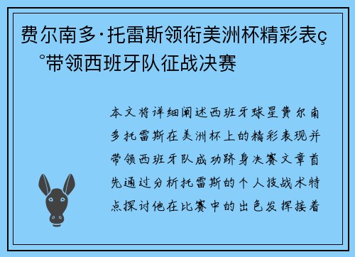 费尔南多·托雷斯领衔美洲杯精彩表现带领西班牙队征战决赛 费尔南多·托雷斯领衔美洲杯精彩表现带领西班牙队征战决赛